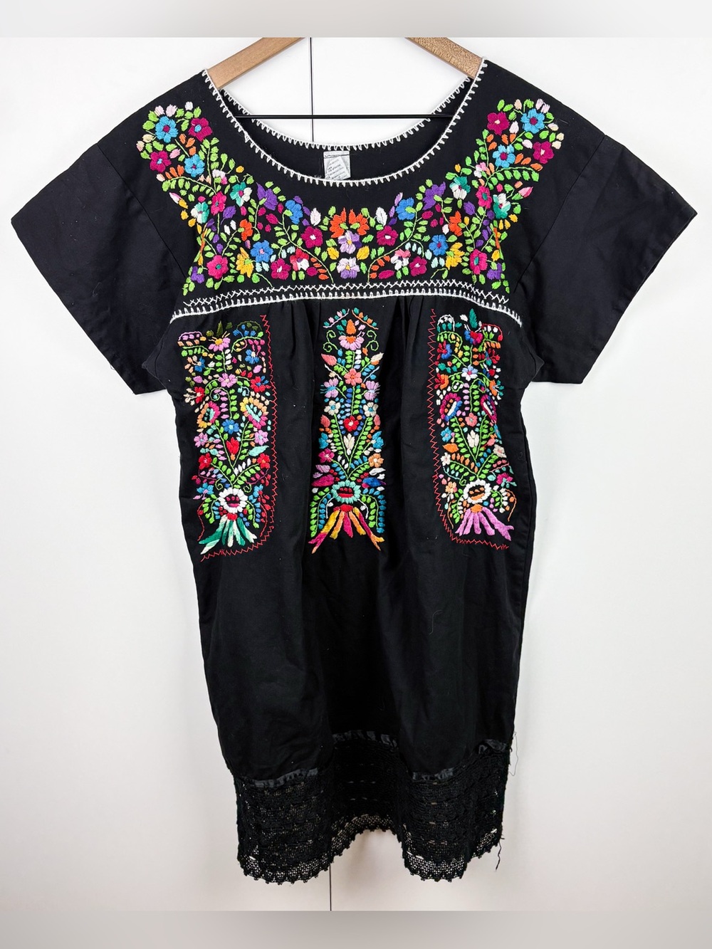 Mexican Puebla Embroidered Floral Huipil Short Sleeve Midi Dress Cotton Black